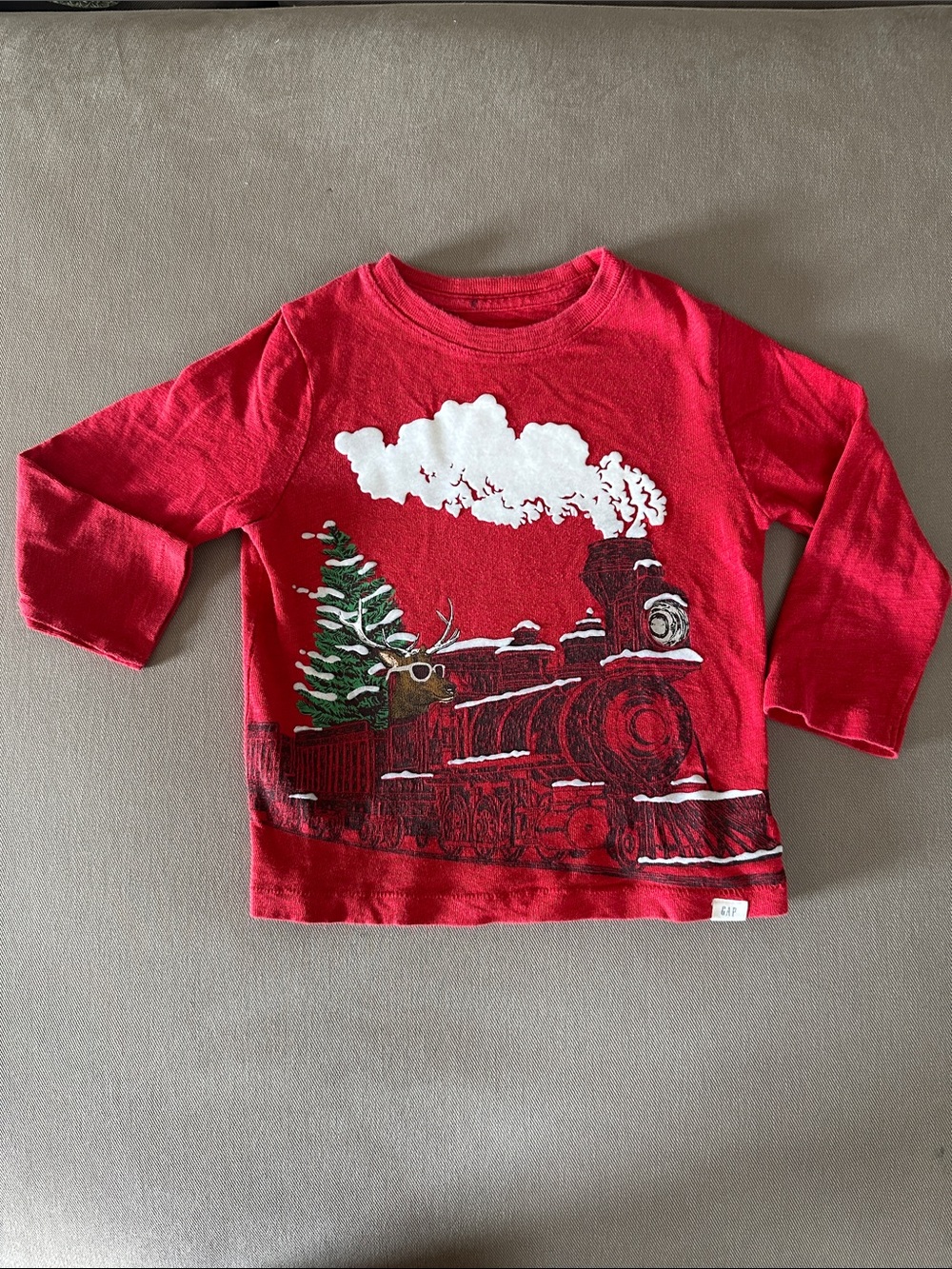 GAP Red Long-Sleeve Kids Train & Tree Graphic Tee